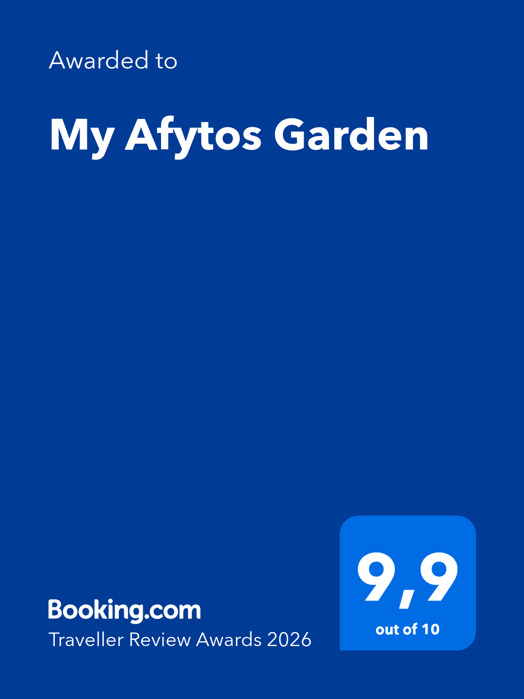 Booking.com Traveller Review Award 2026 — My Afytos Garden 9.9 out of 10