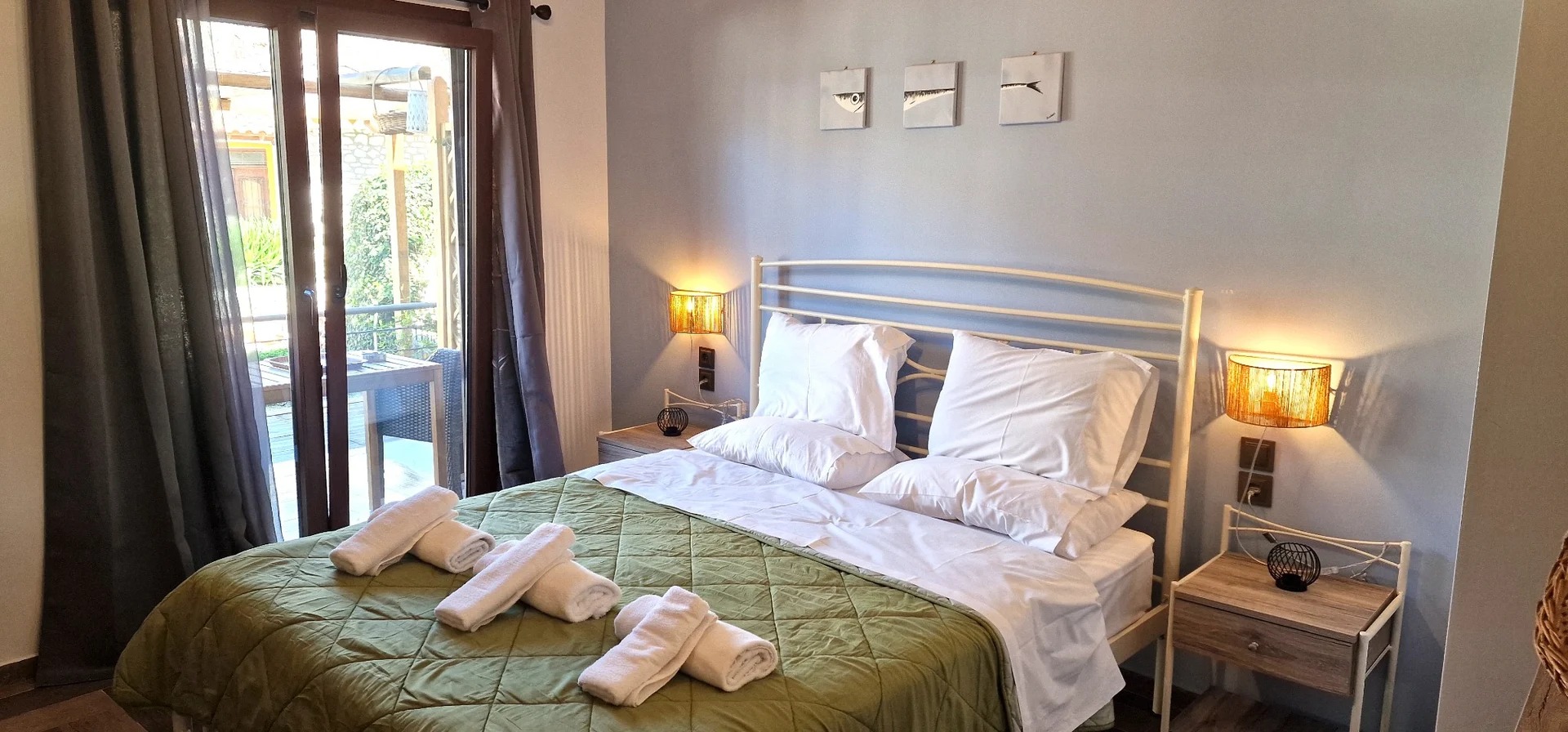 Double bed facing the terrace doors